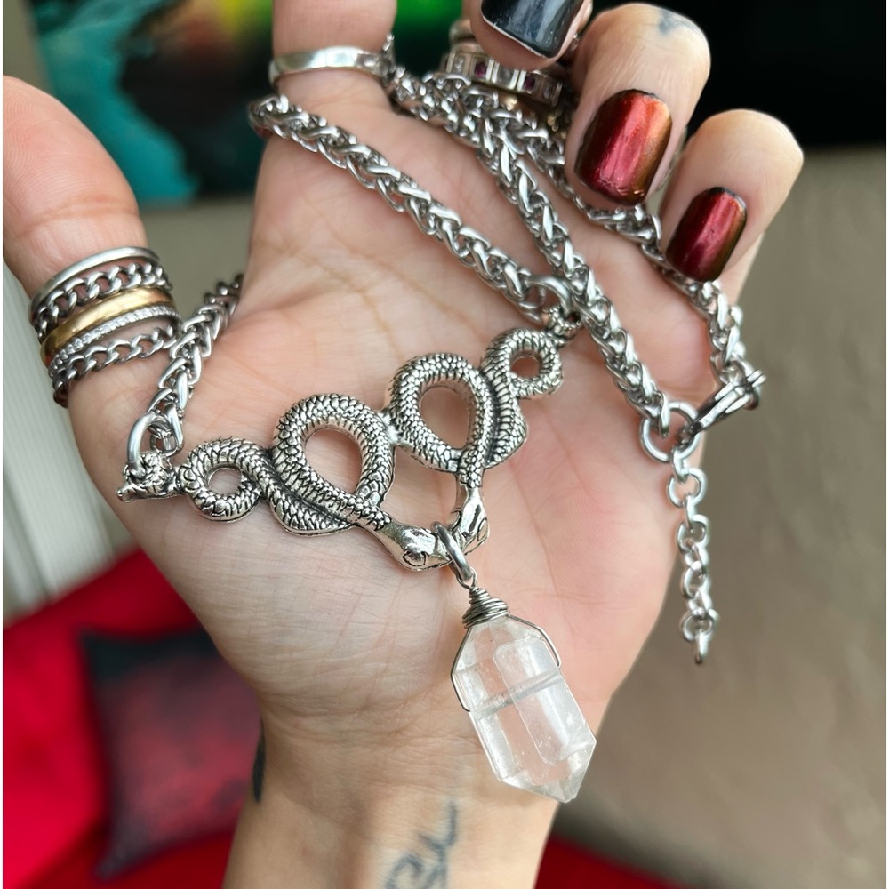 Natural Crystal quartz & snake charm stainless steel chain necklace goth celtic. - Picture 5 of 10